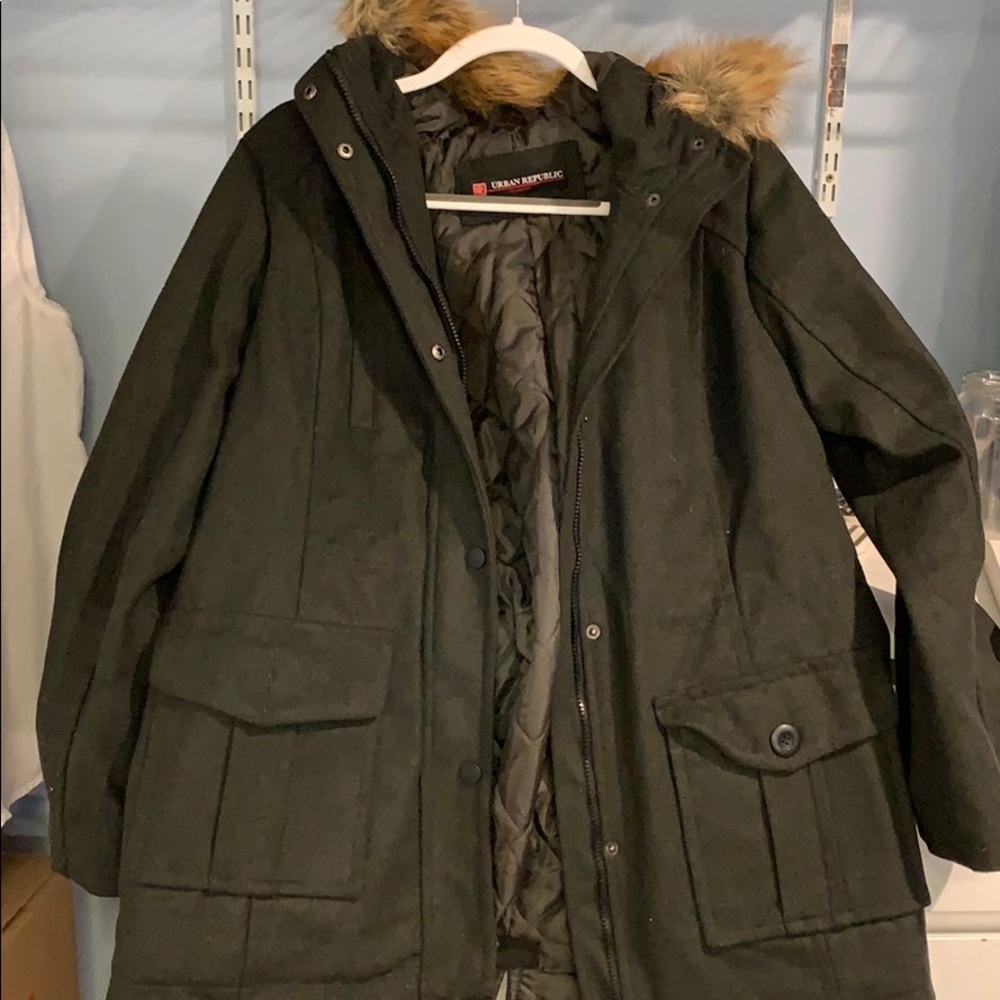 Olive green fall/winter coat with fur hood